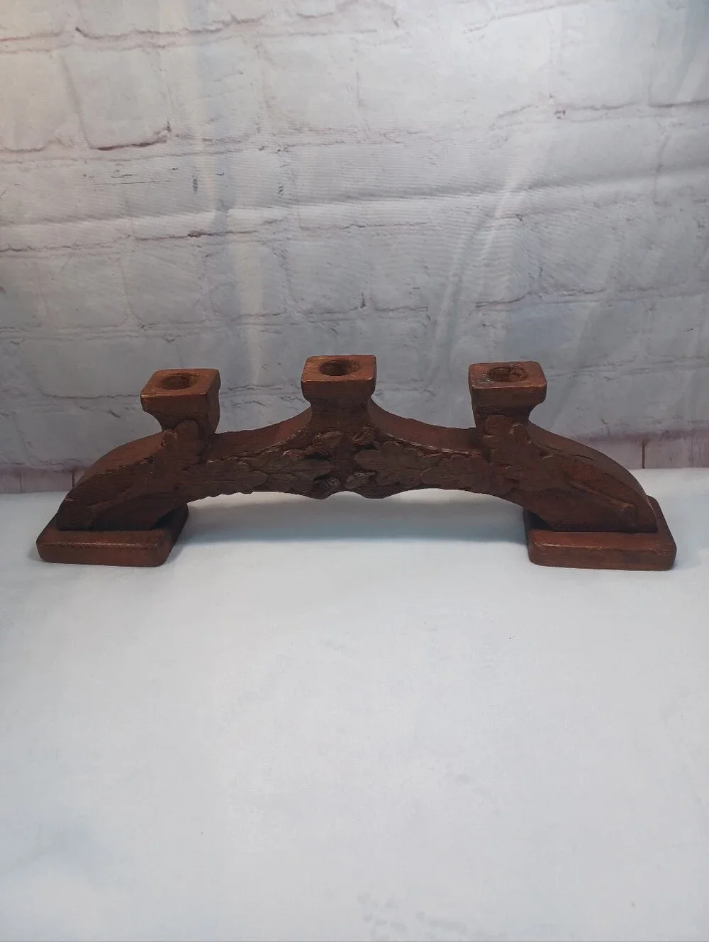 Hand Carved Solid Wood 3 Taper Candle Holder Oak Leaf & Acorn Rustic Centerpiece